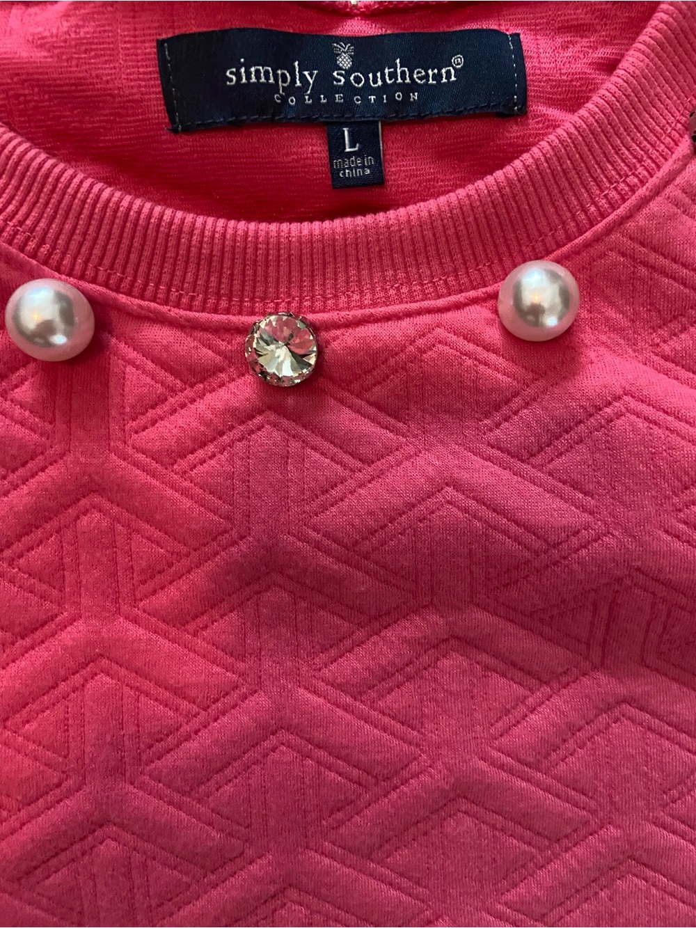 Simply Southern Pink Quilted Crewneck Sweatshirt with Pearl Accents NWOT